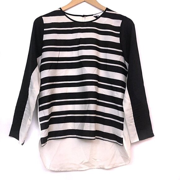 BAR III Black Cream Stripe 3/4 Sleeve High Low Hi-Lo Polyester Sheer Blouse Top - Picture 1 of 7